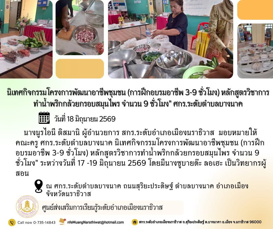 #นิเทศกิจกรรมโครงการพัฒนาอาชีพชุมชน (การฝึกอบรมอาชีพ 3-9 ชั่วโมง) หลักสูตรวิชาการทำน้ำพริกกล้วยกรอบสมุนไพร จำนวน 9 ชั่วโมง" #ศกร.ระดับตำบลบางนาค
